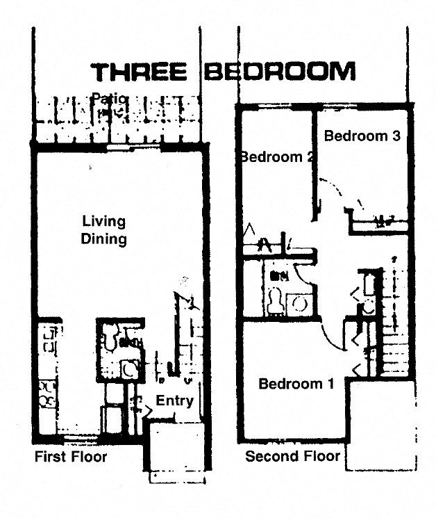 Floor plan for 3 beds, 2 baths, 968 sqft